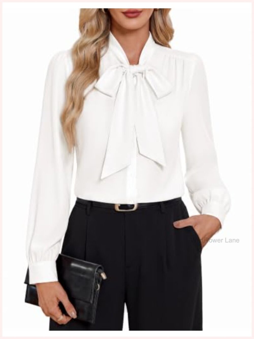 Women Dressy Casual Long Sleeve Button Down Bow Tie Neck Blouse